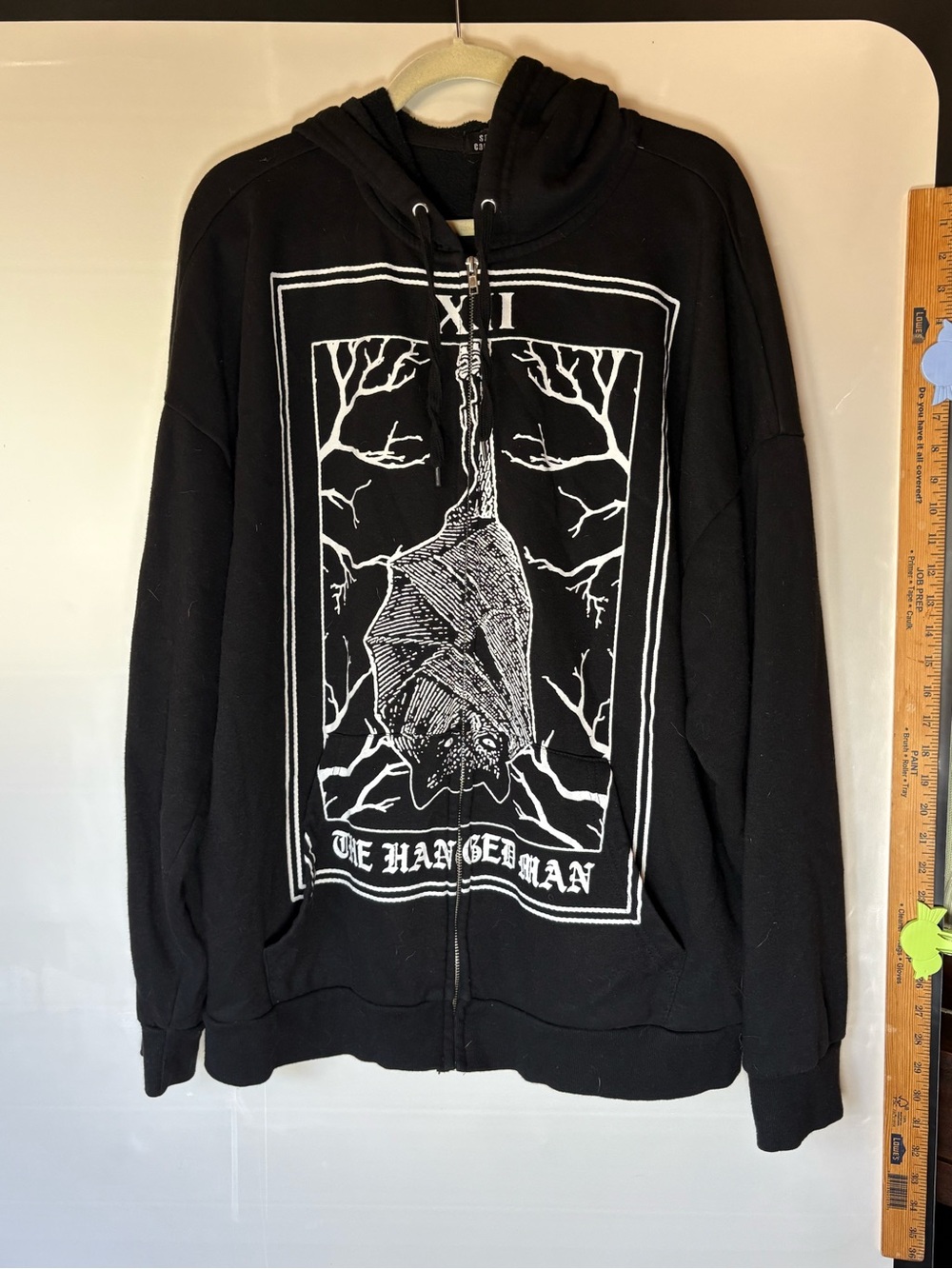 Black Zip-Up Hoodie Sweater with The Hangedman Graphic